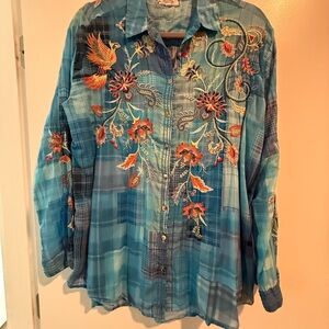 Johnny Was Blue Embroidered Blouse